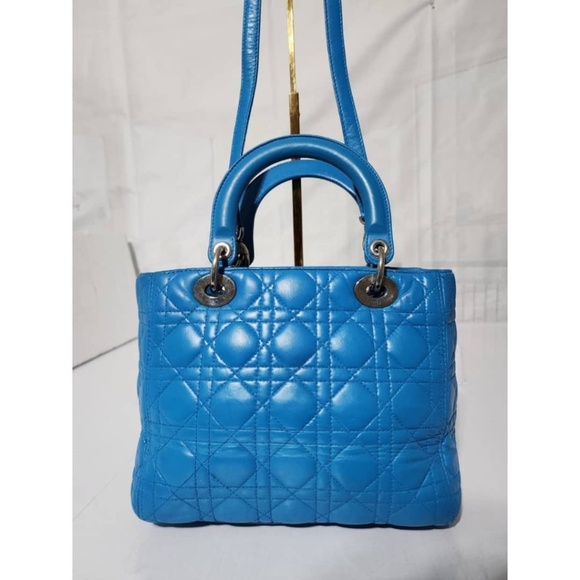 Authentic CHRISTIAN DIOR Lambskin Cannage Medium Lady Dior Satchel Bag Blue - Picture 6 of 16